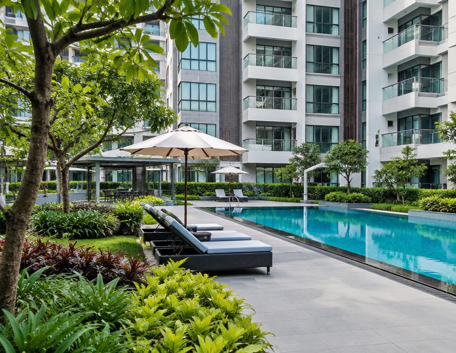 Área comum de condomínio residencial com jardim e piscina