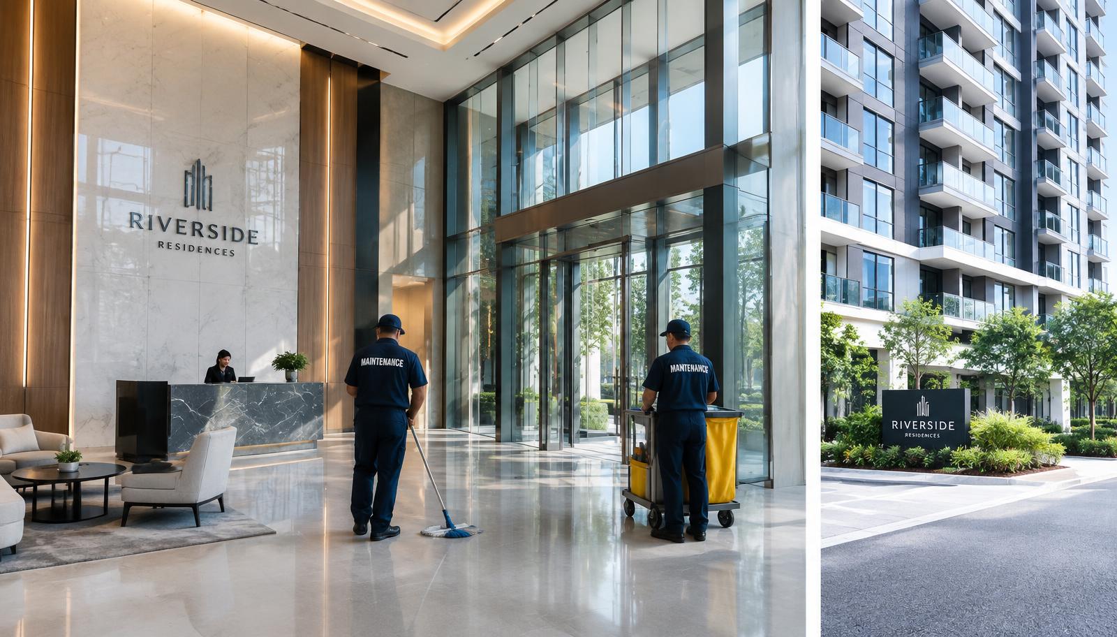 Equipe de manutenção atuando no hall de um edifício comercial
